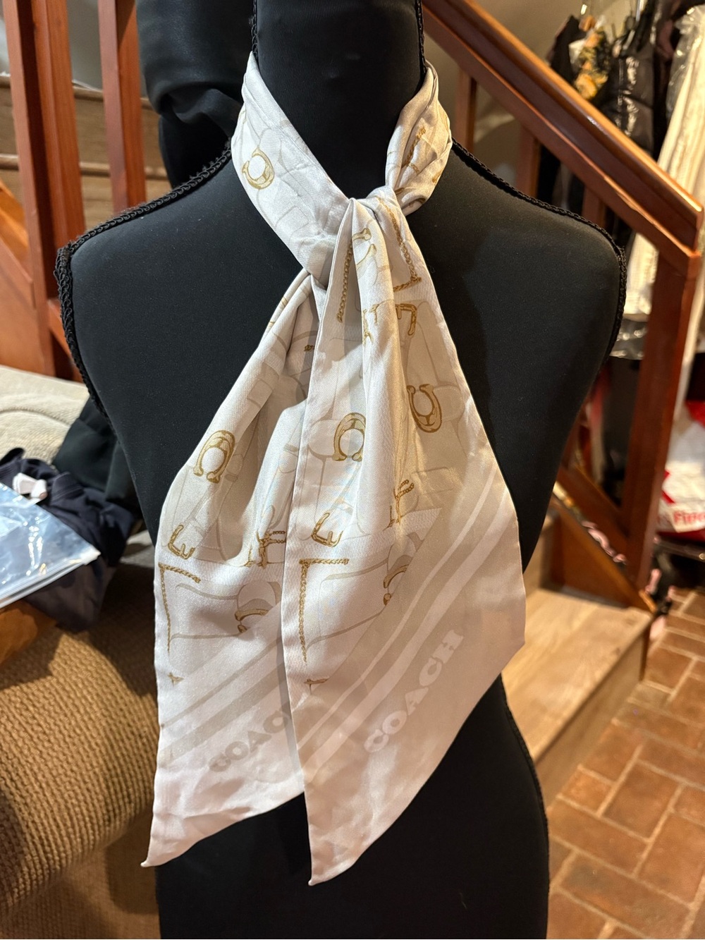 Coach Beige Silk Scarf with Gold Logo Motif
